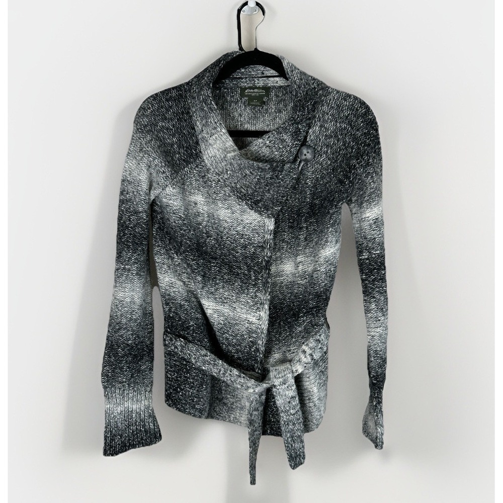 Eddie Bauer Cardigan Sweater Womens Small Black Gray Ombre Striped W/belt - Picture 5 of 8